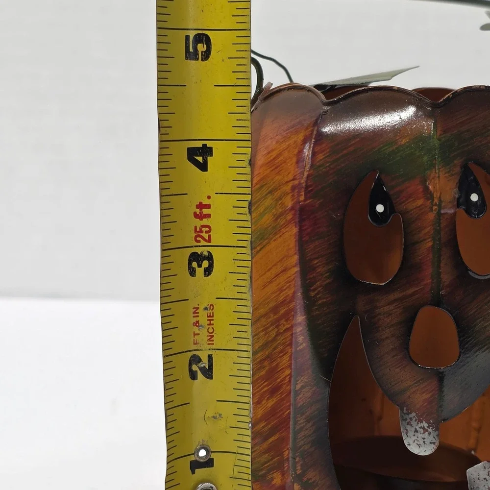 Rustic Metal Jack-O-Lantern Pumpkin Halloween Tea Light Holder with Handle